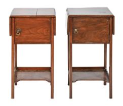 A pair of mahogany bedside cabinets, with drop leaf tops, on square legs, 75cm h One slightly darker