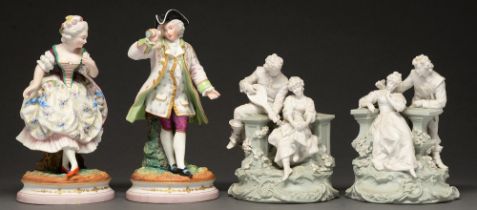 A pair of French painted biscuit figures of a gallant and girl, late 19th c, on gilt base, 25cm h,
