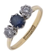 A sapphire and diamond ring, gold hoop marked 18ct & plat, 2.6g, size P Sapphire in good