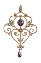 An amethyst and split pearl openwork pendant, c1910, in gold, 42mm, marked 9ct, 2.8g The drop