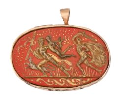 A gilt red glass paste cameo brooch-pendant, pierced gold mount, 45mm l, 500 control mark, 17.8g