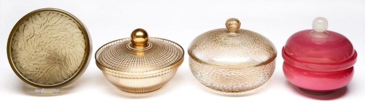A Verlys cinnamon glass bowl and cover moulded with honeysuckle, 1930s, 13cm diam, a pink and opal