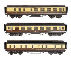 Three 7mm finescale GWR twin bogie corridor coaches by Exley, comprising a guard/3rd, a 3rd/