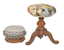 A Victorian walnut piano stool and a contemporary walnut footstool (2) Condition evident from image