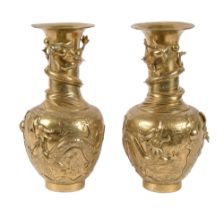 A pair of Chinese cast brass dragon vases, 20th c, 35cm h