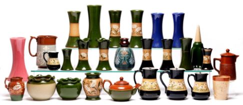 A quantity of Lovatts Langley Ware pottery, including jardinieres, pairs of vases, tobacco jars,