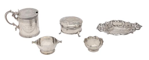 A Victorian silver mustard pot, crested, 76mm h, by Edward Barnard & Sons, London 1871 and four
