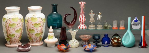 A quantity of decorative glassware, including a pair of Victorian enamelled glass vases, 32cm h,