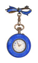 A Swiss silver and blue guilloche enamel keyless cylinder lady's watch and matching lapel brooch,