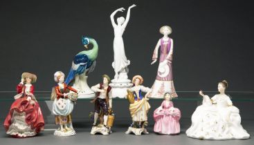 A Plaue porcelain model of a peacock and eight various other German and English porcelain figures of