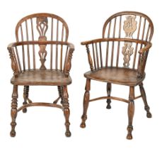 Two Victorian yew wood Windsor chairs, Nottinghamshire or South Yorkshire, with elm seat Showing the