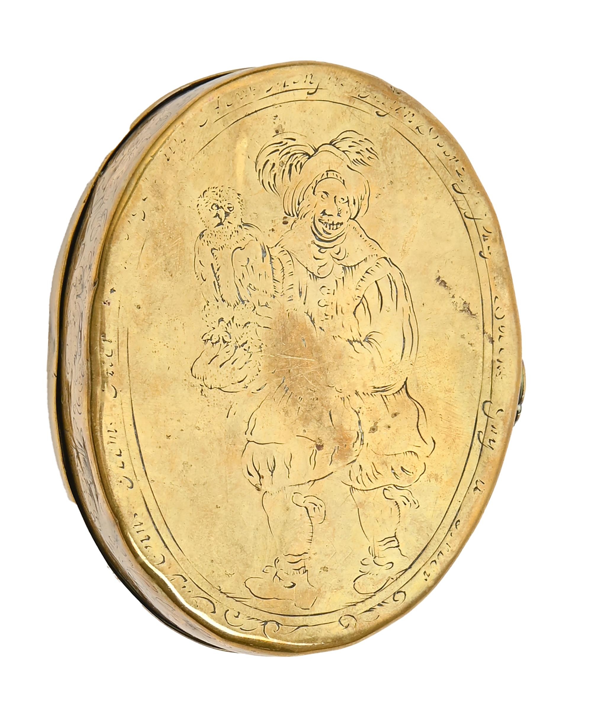 A Dutch oval brass tobacco box, late 18th c, the lid engraved with peasants by a house, the - Image 2 of 2