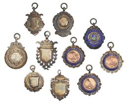 Ten silver cricket and other sporting watch fob shields, 1930's / 40's, several enamelled, 89g As