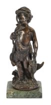 A bronze figure of a cherub hunter on green marble base, 28cm h