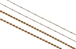 A 9ct gold rope necklet, 50cm l, London 1987 and another, marked 975, 14.6g (2) Rope in good
