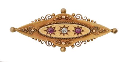 A Victorian shuttle shaped ruby and diamond brooch, in 15ct gold, 47mm l, Birmingham 1897, 4.9g Good