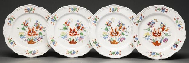 Four Doccia Tulipano pattern plates, c1770, each enamelled in a bright palette and gilt, 23.5cm