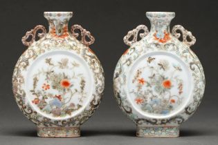 A pair of Chinese porcelain moon flasks, 20th c, enamelled with insects and flowering plants, 13.5cm