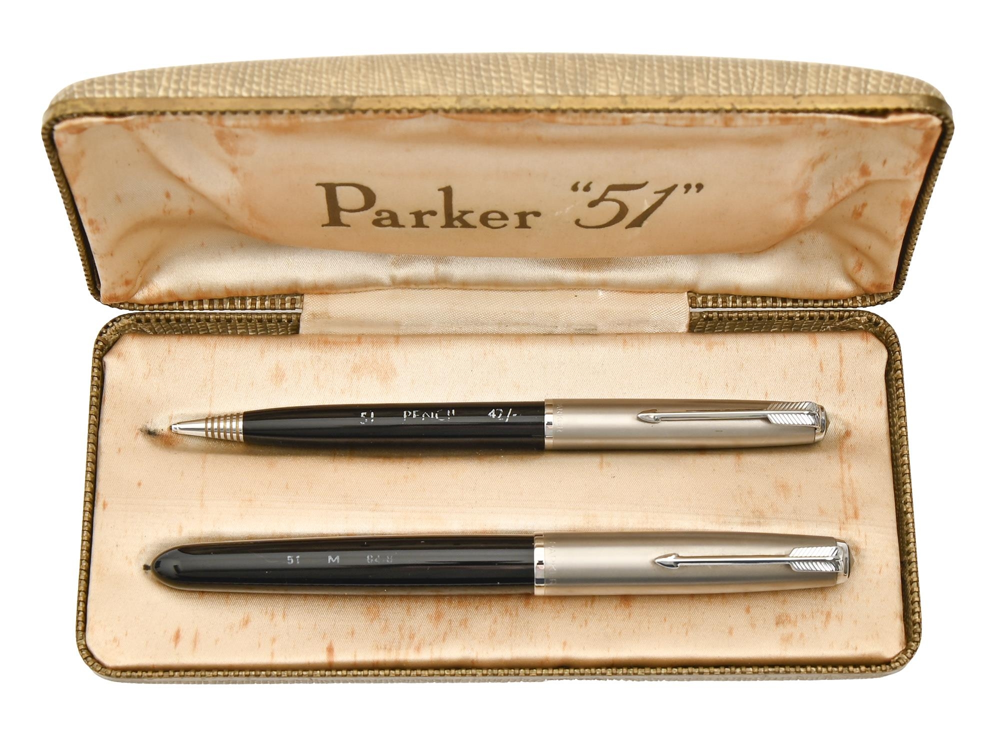 A Parker "51" fountain pen and pencil set, cased Good condition for age, case damp stained, exterior