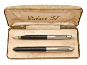 A Parker "51" fountain pen and pencil set, cased Good condition for age, case damp stained, exterior