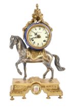 An Italian giltmetal and spelter mantel clock, in Louis XVI style, with painted enamel dial, 43cm h;