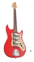 An Airstream electric guitar, retailed by Rosetti, early 1960s, fiesta red, 100cm Numerous scuffs