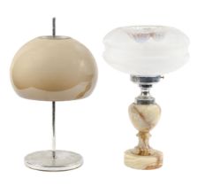 A mid-century chromium plated table lamp, with mushroom glass shade, 50cm h and a contemporary