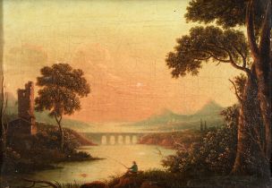 19th c follower of Sebastian Pether (1790-1844) - Sunrise over a Mountainous Lake Landscape with