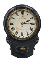 A Victorian black painted mahogany drop case wall clock, with chase fusee movement, the painted dial