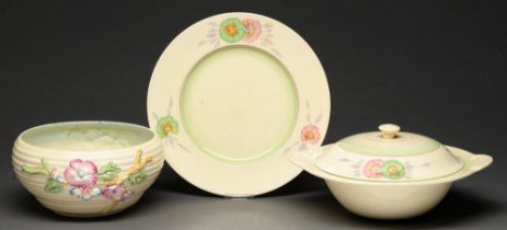 Clarice Cliff. A Sundew pattern vegetable dish, cover and plate, 1936 and a My Garden pattern ribbed