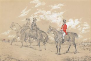 English School, mid-19th c - A Hunstsman and Two Ladies on Horseback, the background with the hunt