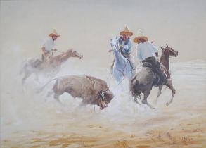 William Spencer Bagdatopoulos (1888-1965) - Three Riders Roping a Steer,  signed (W S Bylityilis),