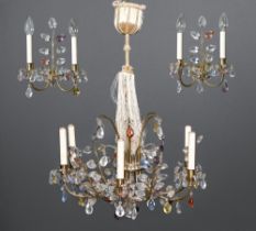 An Austrian brass, glass and coloured glass chandelier and wall lights en suite, J L Lobmeyr Wien,