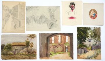 A folio of miscellaneous works on paper, 19th c and later, mostly landscapes, mixed media, various