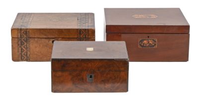 A Victorian walnut and straw work box, a contemporary walnut work box with mother of pearl inlay and