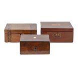 A Victorian walnut and straw work box, a contemporary walnut work box with mother of pearl inlay and