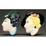 Two slip cast earthenware wall heads, each as a stylish young woman in a hat, in Art Deco style,