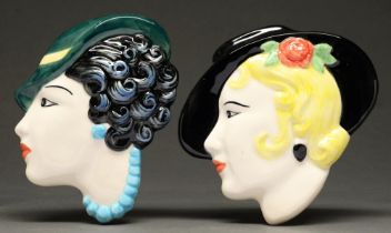 Two slip cast earthenware wall heads, each as a stylish young woman in a hat, in Art Deco style,