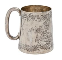 An Edwardian silver christening mug, can shaped and foliate engraved, 83mm h, by Baker & Staniforth,