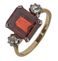 A diamond and red zircon ring, gold hoop marked 18ct PLAT, 4.1g, size A Slight wear scratches