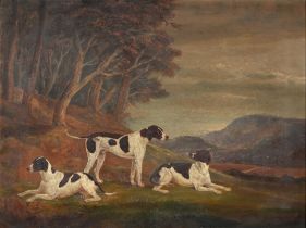 W. *. Chapman, 19th c - Three Gun Dogs in a Landscape, inscribed and dated 1877 to verso, oil on