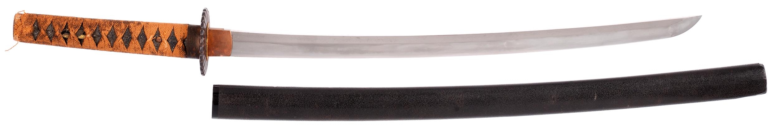 A Shinto Wakizashi in Koshirae Sugata:  Shinogi-Zukuri Iori-mune with shallow tori-zori Nagasa:.