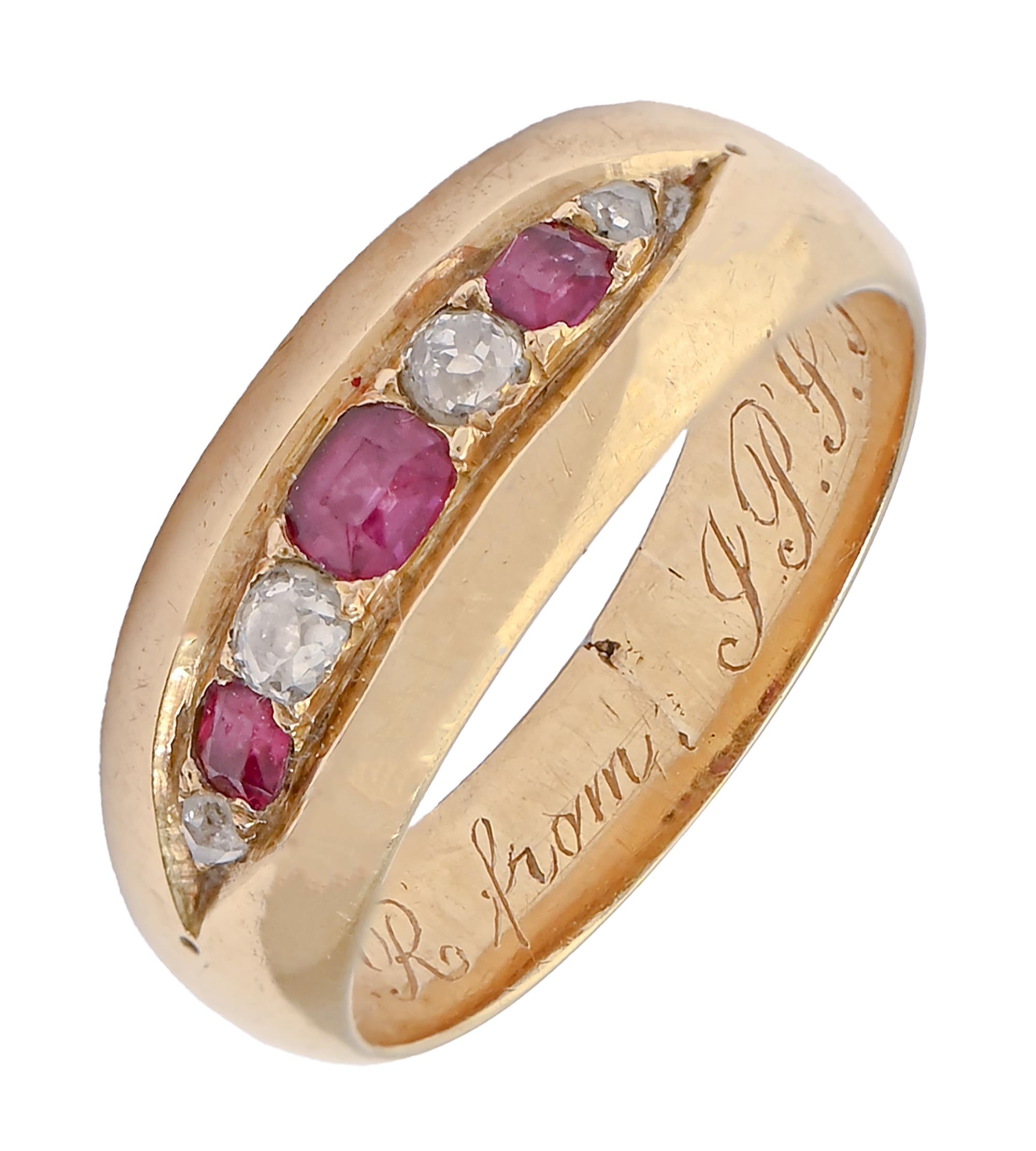 A Victorian ruby and diamond ring, in gold, engraved To EMR from JPJ Feb 28th 1890, 4.9g, size L