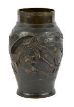 A Japanese bronze vase, early 20th c, cast with phoenix and birds, 25cm h