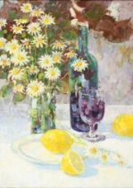 Gregory Davies (b. 1947) - Still Life of Lemons, a Vase of Daisies and Wine, signed, palimpsest
