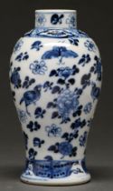 A Chinese blue and white vase, 19th / 20th c, painted with birds and insects amidst blossom, 14cm h,