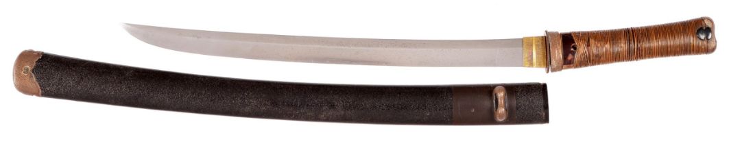 A Koto ko- Wakizashi in Koshirae Sugata:  Shobu-Zukuri Iori-mune with shallow tori-zori Nagasa:.