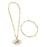 An emerald and diamond pendant, in 18ct gold, on integral necklet and two further sections of