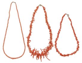 Three coral twig or bead necklaces, early 20th c, various lengths