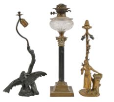 A Victorian brass and black painted Corinthian column oil lamp, with cut glass fount and duplex